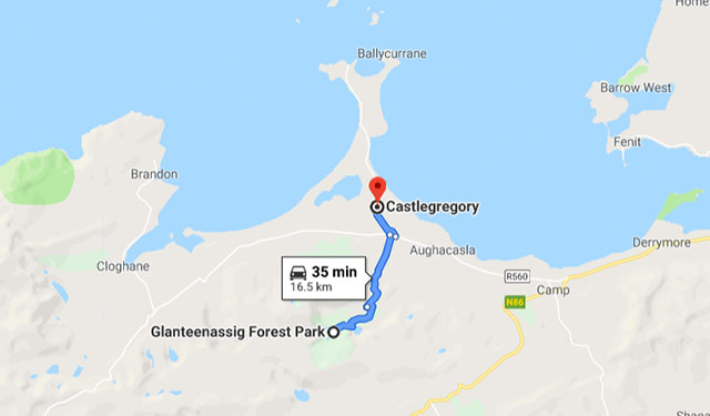 Route map: Castlegregory to Glanteenassig Forest Park